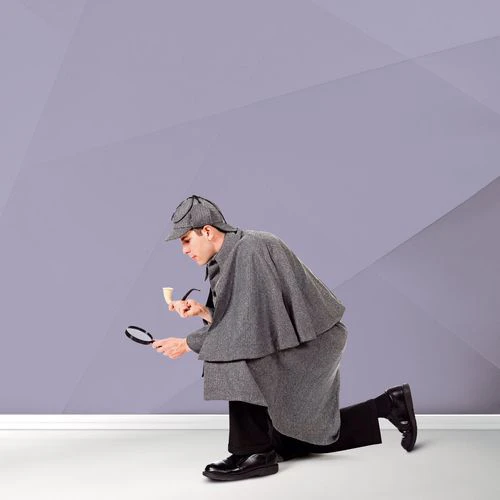 A person dressed as a detective, complete with a deerstalker hat, cape, magnifying glass, and pipe, is crouched and inspecting closely against a muted purple geometric background. On the left, text reads ‘Inspect Assist’ followed by ‘We inspect and evaluate installations, so you don’t have to.’