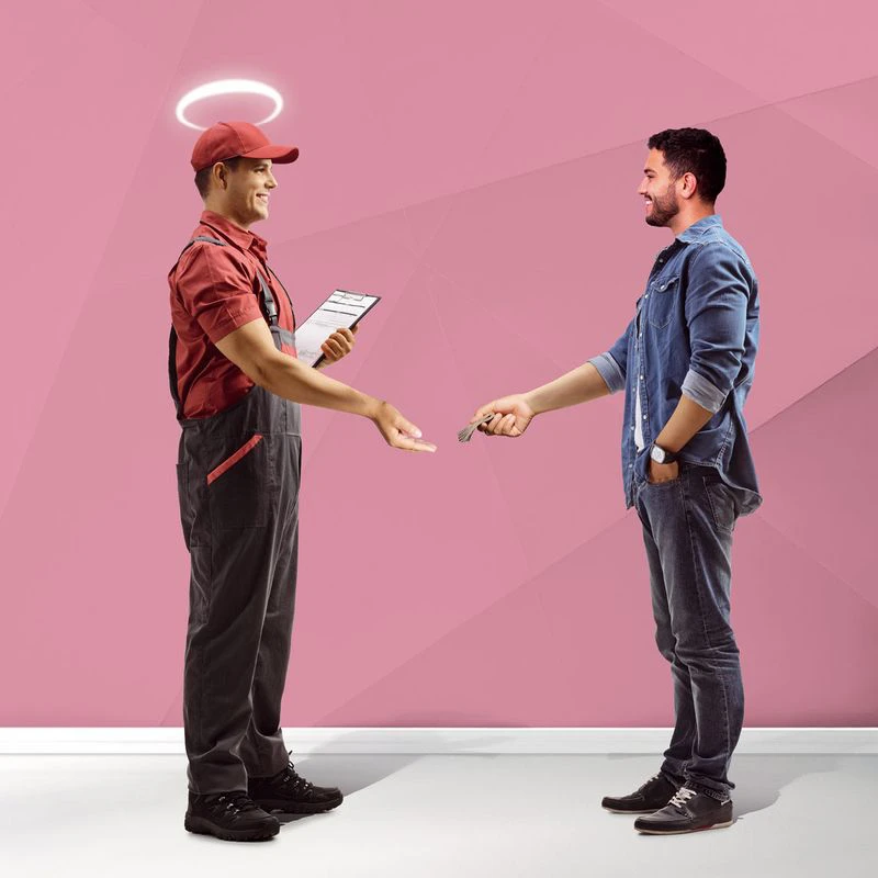 A cheerful service worker in overalls, with a glowing halo above his head, holds a clipboard and extends his hand to a casually dressed man handing him cash. The background is a soft pink geometric design. On the left, text reads ‘Money Assist’ followed by ‘Resolving money disputes in a fast and friendly way.’